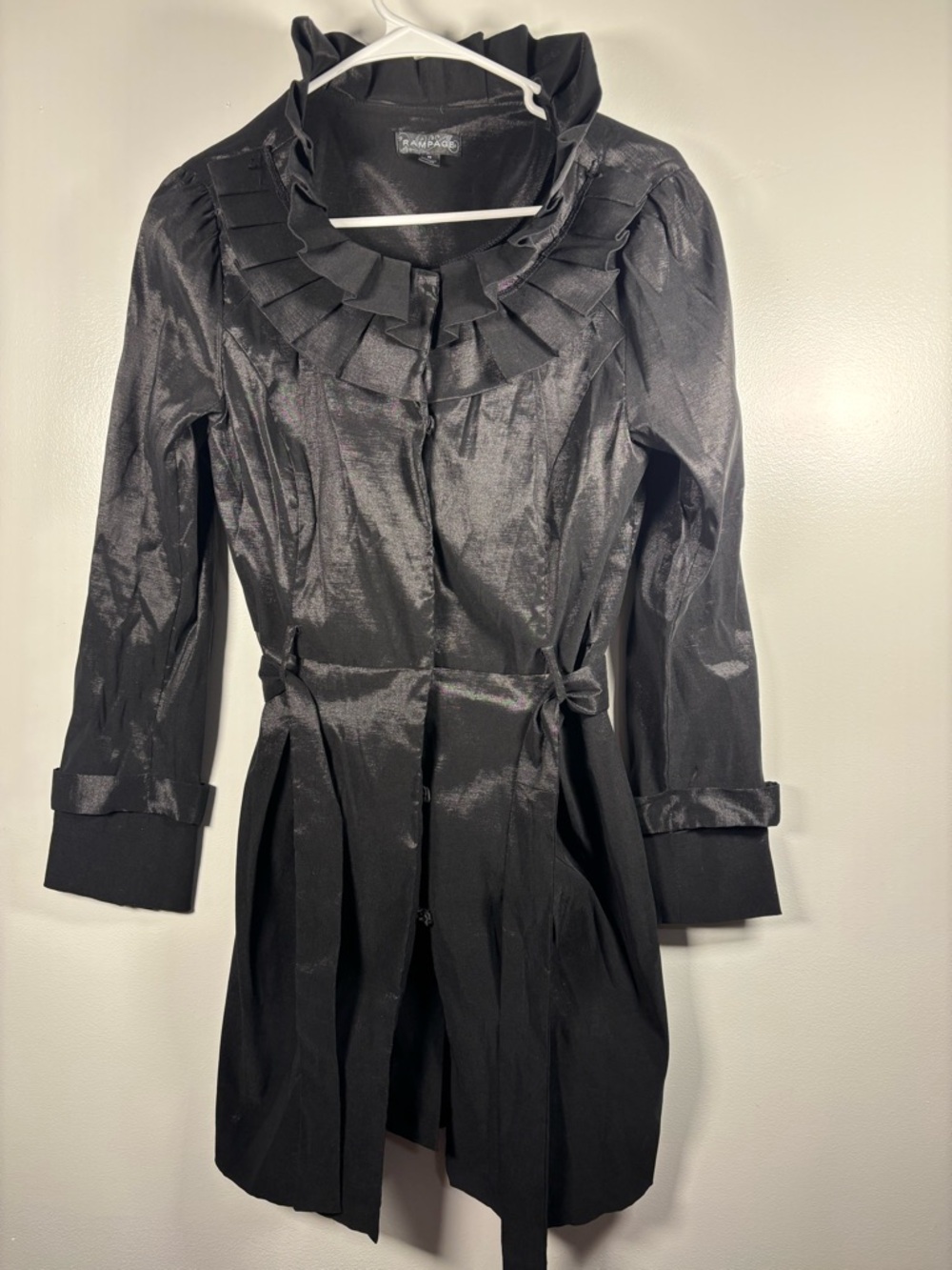 Rampage Black Satin-Trim Ruffled-Collar Trench Coat